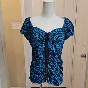 One Step Ahead Blue Leopard Cap Sleeve Corset Style Blouse Top Size 1X